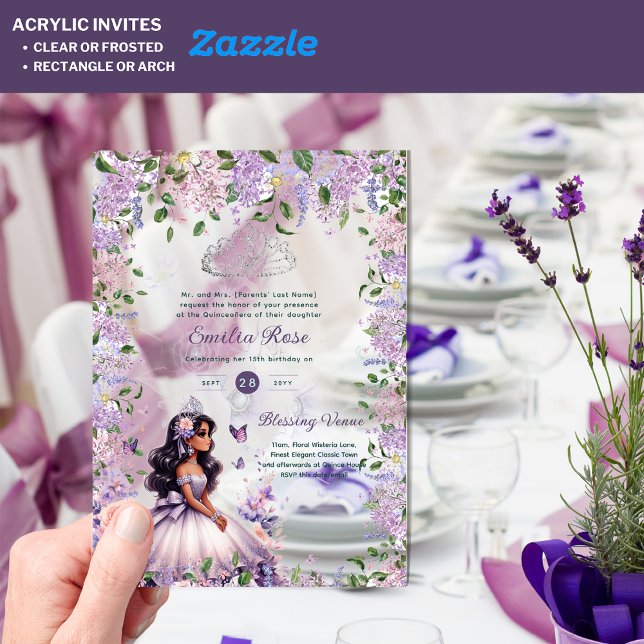 ACRYLIC Purple Silver Quinceañera Floral Wisteria Invitations (Creator Uploaded)