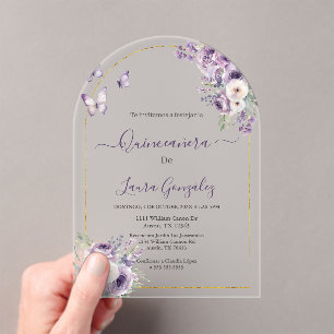 Acrylic purple theme quinceañera invitations