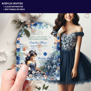 ACRYLIC Quinceanera Blue Floral Dress Quince Acrylic Invitations