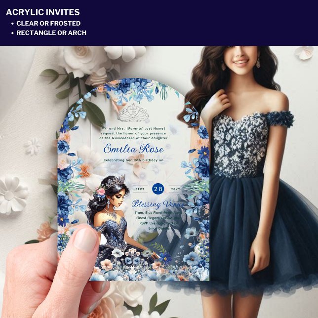 ACRYLIC Quinceanera Blue Floral Dress Quince Acrylic Invitations (Creator Uploaded)