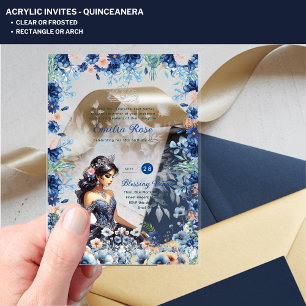 ACRYLIC Quinceanera Blue Floral Dress Quince Acrylic Invitations