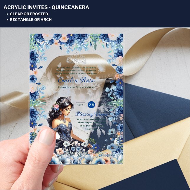 ACRYLIC Quinceanera Blue Floral Dress Quince Invitations (Creator Uploaded)