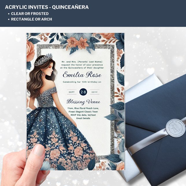 ACRYLIC Quinceañera Blue Silver Peach Dress Floral Acrylic Invitations (Creator Uploaded)