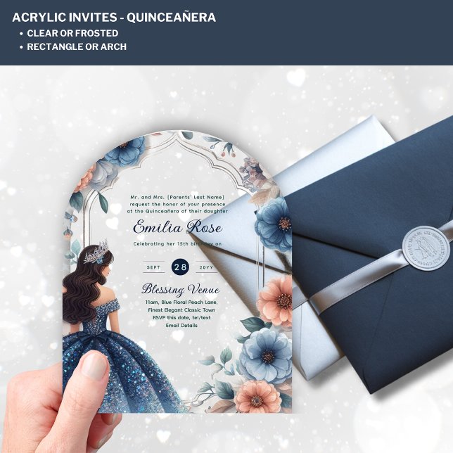 ACRYLIC Quinceañera Blue Silver Peach Dress Floral Acrylic Invitations (Creator Uploaded)