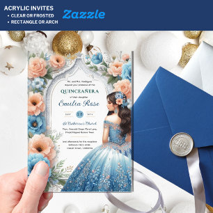 ACRYLIC Quinceañera Blue Silver Peach Dress Floral Acrylic Invitations