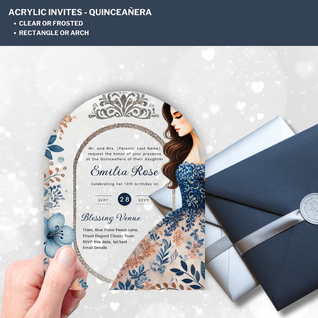 ACRYLIC Quinceañera Blue Silver Peach Dress Floral Acrylic Invitations (Creator Uploaded)