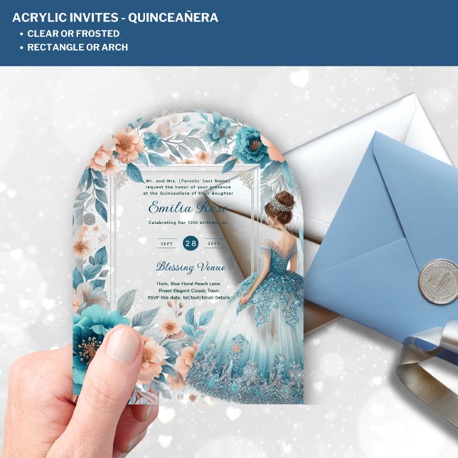 ACRYLIC Quinceañera Blue Silver Peach Dress Floral Acrylic Invitations (Creator Uploaded)