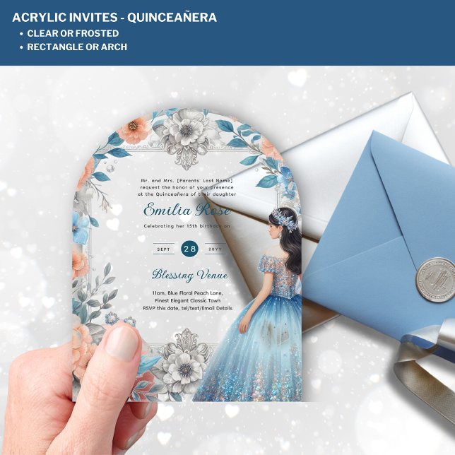 ACRYLIC Quinceañera Blue Silver Peach Dress Floral Acrylic Invitations (Creator Uploaded)