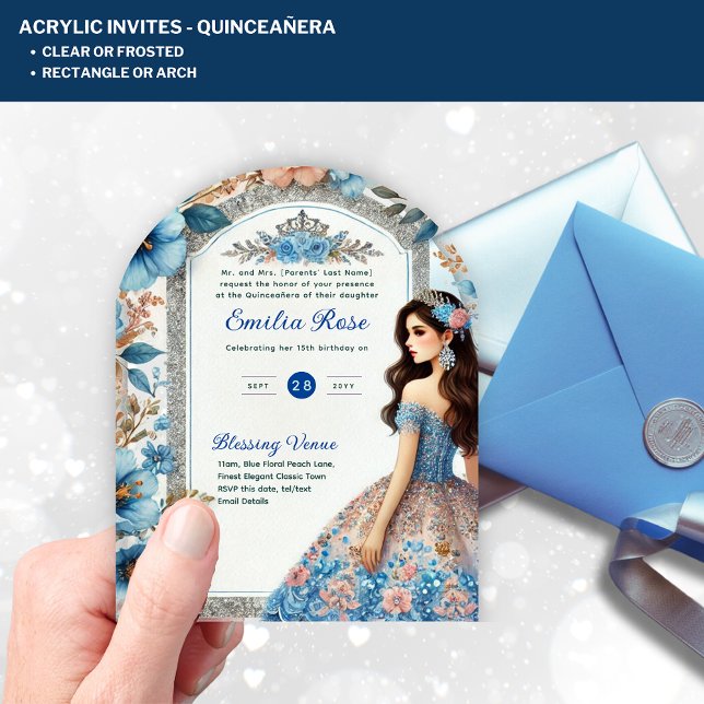 ACRYLIC Quinceañera Blue Silver Peach Dress Floral Invitations (Creator Uploaded)