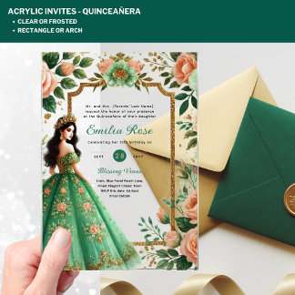 ACRYLIC Quinceañera Emerald GREEN Gold Dress Acrylic Invitations
