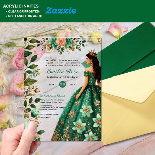 ACRYLIC Quinceañera Emerald GREEN Gold Dress Acrylic Invitations