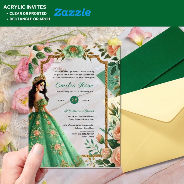 ACRYLIC Quinceañera Emerald GREEN Gold Dress Acrylic Invitations (Creator Uploaded)