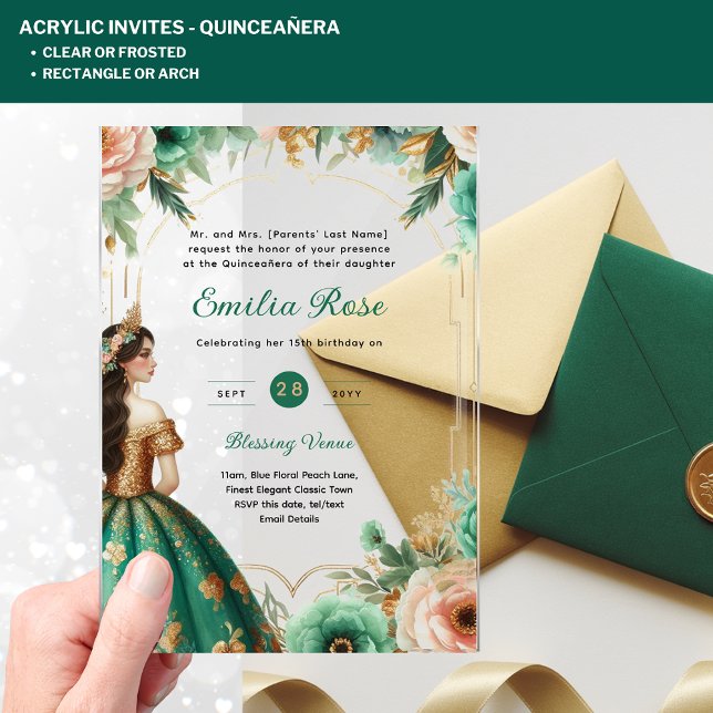 ACRYLIC Quinceañera Emerald GREEN GOLD Dress Acrylic Invitations (Creator Uploaded)