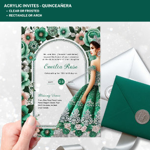 ACRYLIC Quinceañera Emerald GREEN Silver Dress Acrylic Invitations