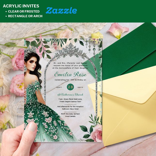 ACRYLIC Quinceañera Emerald GREEN Silver Dress Acrylic Invitations (Creator Uploaded)