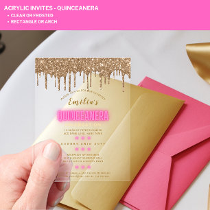 ACRYLIC Quinceanera Hot Pink Gold Glam Diva Quince Acrylic Invitations