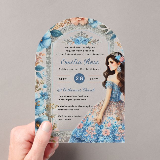 Acrylic Quinceañera Invitations Navy Blue Dress (Insitu (Handheld))