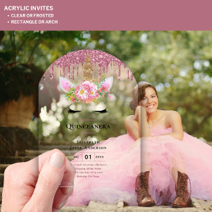 ACRYLIC Quinceanera Pink Unicorn Dripping Glitter Acrylic Invitations
