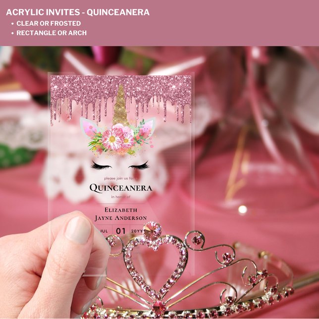 ACRYLIC Quinceanera Pink Unicorn Dripping Glitter Invitations (Creator Uploaded)