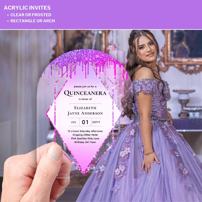 ACRYLIC Quinceanera Purple Dripping Pink Glitter Acrylic Invitations (Creator Uploaded)