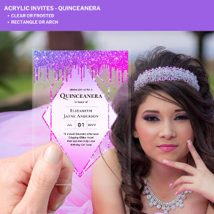 ACRYLIC Quinceanera Purple Dripping Pink Glitter Acrylic Invitations