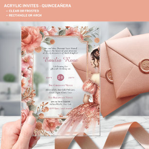 ACRYLIC Quinceanera Rose Gold Pink Dress Tiara Acrylic Invitations
