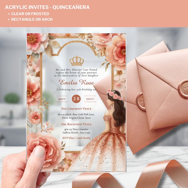 ACRYLIC Quinceanera Rose Gold Pink Dress Tiara Acrylic Invitations (Creator Uploaded)