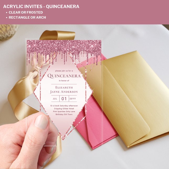 ACRYLIC Quinceanera Rose Gold Pink Glitter Acrylic Invitations (Creator Uploaded)