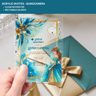 ACRYLIC Quinceanera Teal Gold Floral Dress Quince Acrylic Invitations