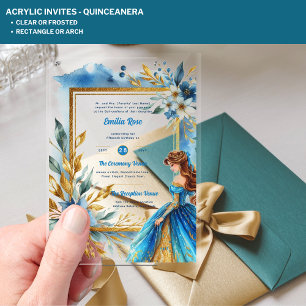 ACRYLIC Quinceanera Teal Gold Floral Dress Quince Acrylic Invitations