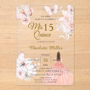 Acrylic Quinceanera with Floral Pink Butterflie Invitations