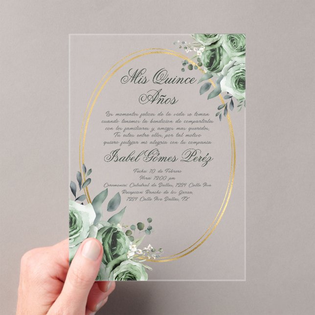 acrylic sage green quinceañera acrylic invitations (Insitu (Handheld))