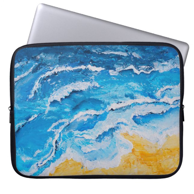 Acrylic sea and beach painting on drawing stand wi laptop sleeve (Front)