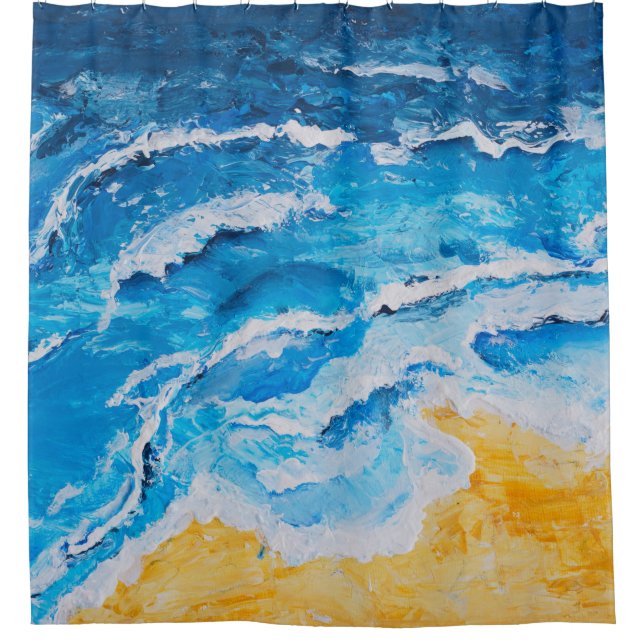 Acrylic sea and beach painting on drawing stand wi shower curtain (Front)