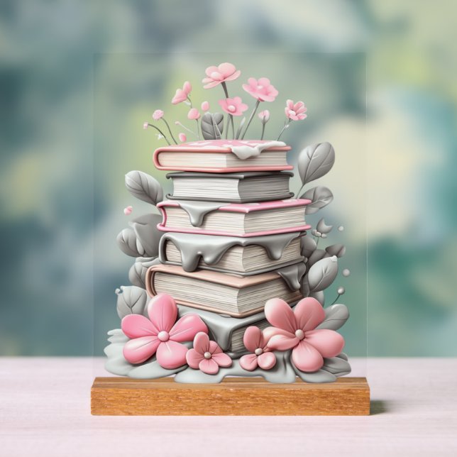 Acrylic Sign with Block - Flowers with Books (Neutral)