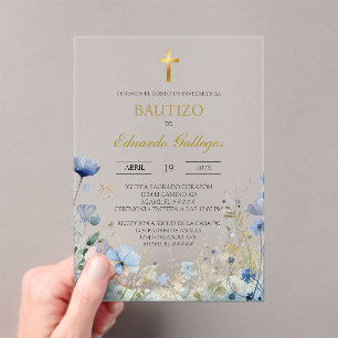 Acrylic Spring blue wild flower baptism  Invitations