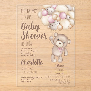 Acrylic Teddy Bear Baby Shower Girl Spanish Acrylic Invitations
