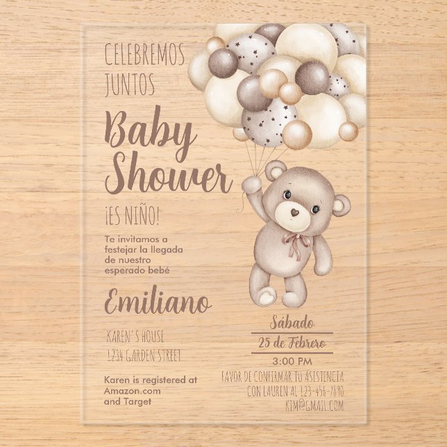 Acrylic Teddy Bear Baby Shower Spanish Invitation (Front)
