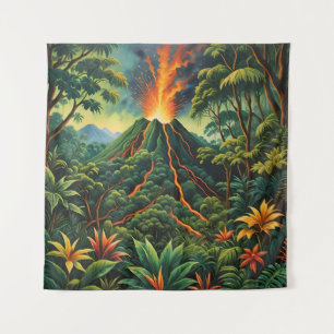 Acrylic Volcano on Tree-Filled Island Tapestry