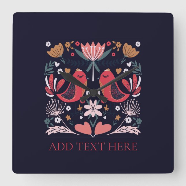 ACRYLIC WALL CLOCK : RED BOHO BIRDS (Front)