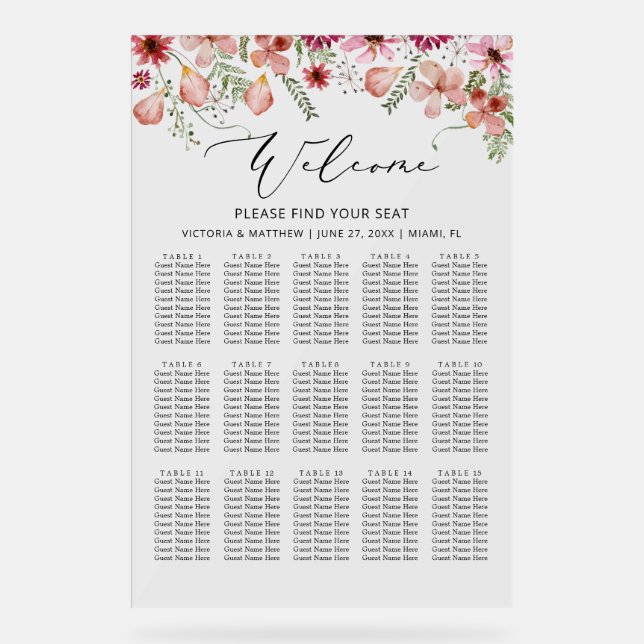 Acrylic Watercolor 15 Tables Wedding Seating Chart (Front)