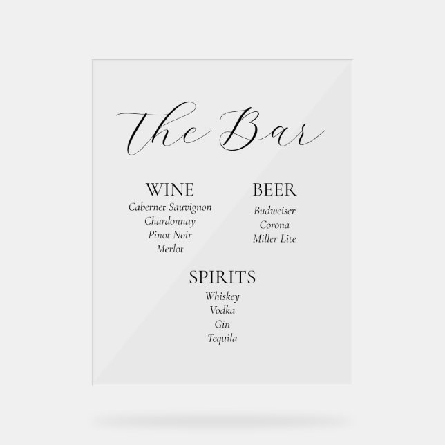 Acrylic Wedding Bar Menu Sign (Front)