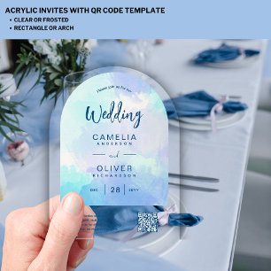 ACRYLIC WEDDING Beachy Sjy BLUE Green QR Code RSVP Invitations