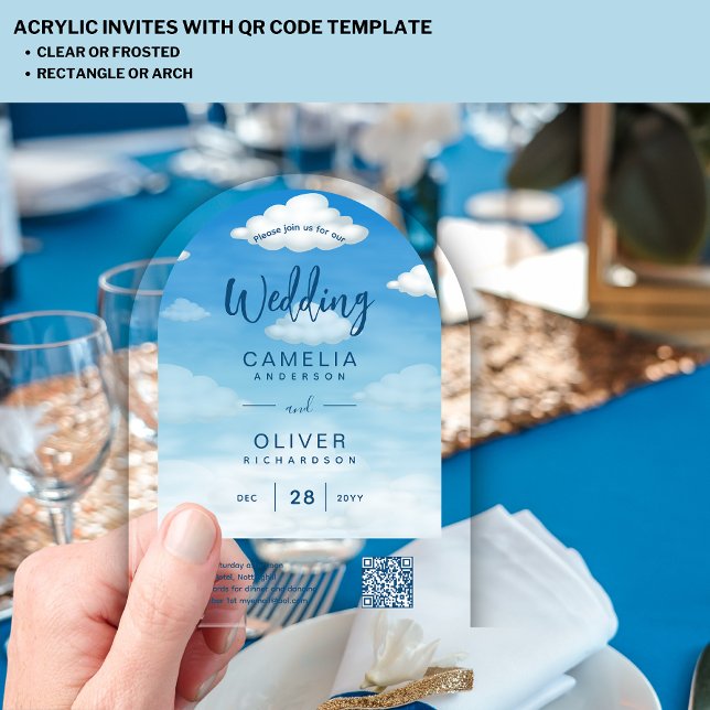 ACRYLIC WEDDING Clouds Sky BLUE Green QR Code RSVP Acrylic Invitations (Creator Uploaded)