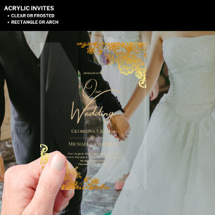 ACRYLIC Wedding Gold Lace Text Elegant Clear Acrylic Invitations