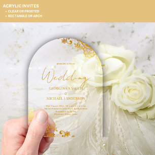 ACRYLIC Wedding Gold Lace Text Elegant Clear Acrylic Invitations