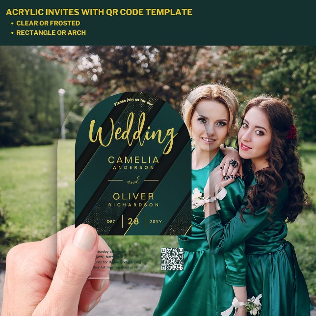 ACRYLIC WEDDING Green Gold QR Code RSVP Website Acrylic Invitations (Creator Uploaded)