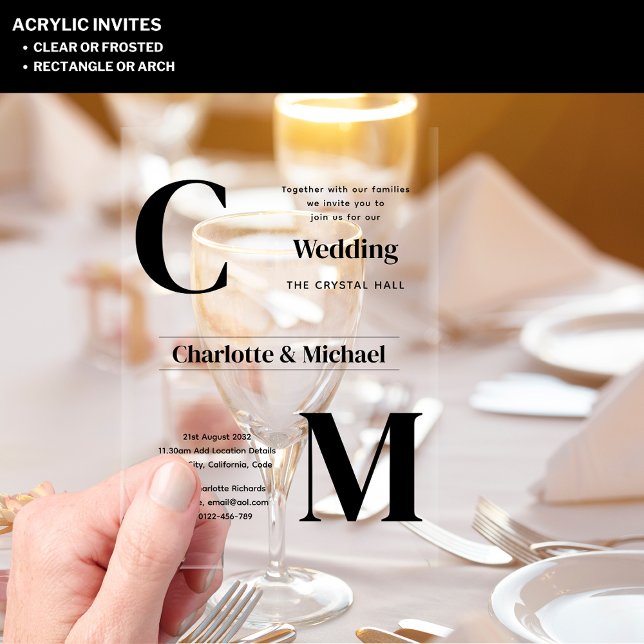 ACRYLIC Wedding Invites BLACK TEXT Bold Initials Acrylic Invitations (Creator Uploaded)