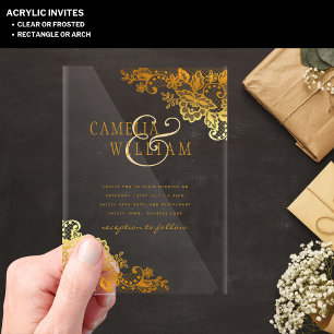 ACRYLIC Wedding Invites Gold Lace Clear Modern Acrylic Invitations