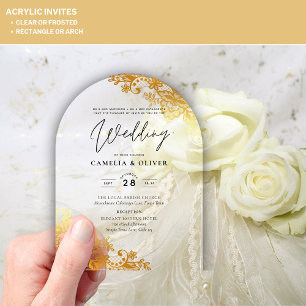 ACRYLIC Wedding Invites Gold Lace Elegant Clear Acrylic Invitations